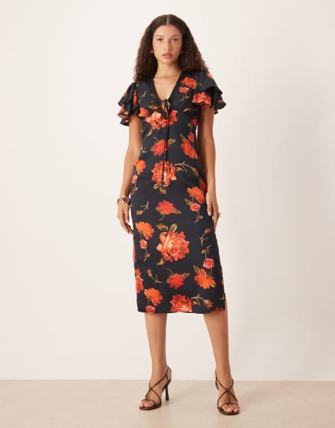 Hope & Ivy v-neck ruffle sleeve midi tea dress in black and red floral - view 1