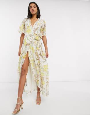 Hope & Ivy v neck wrap tie waist floral maxi dress-Multi