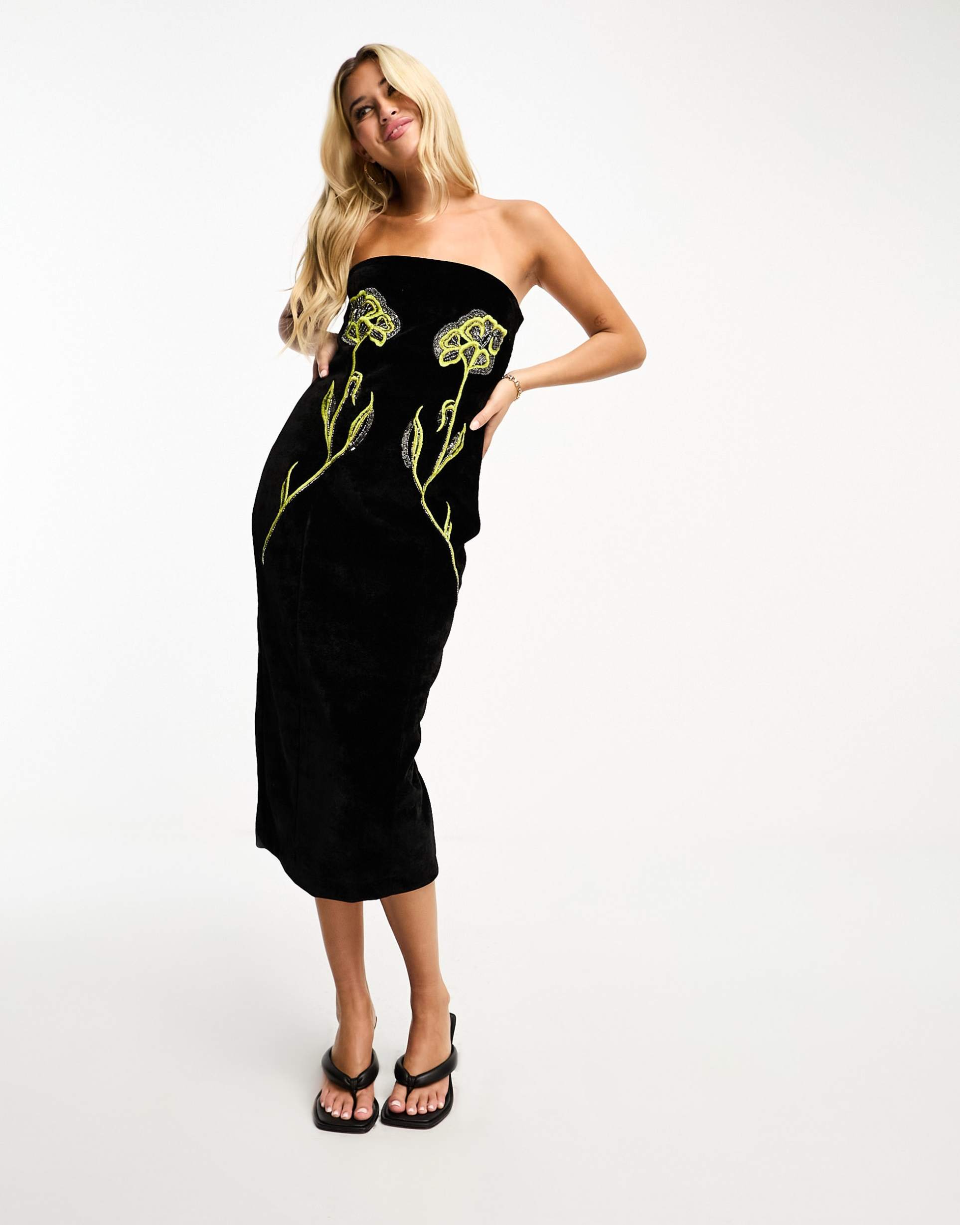 hope & ivy velvet bandeau midi dress with floral embellishment in black