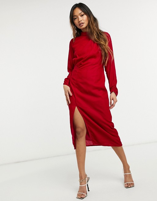 Hope & Ivy velvet ruched midi dress with thigh split in red