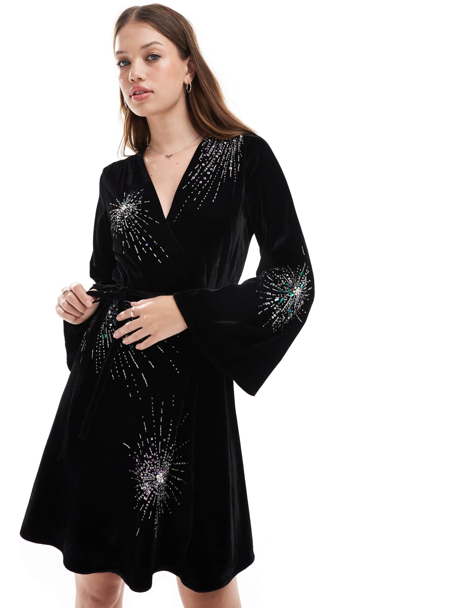 hope & ivy velvet wrap mini dress with fireworks embellishment in black