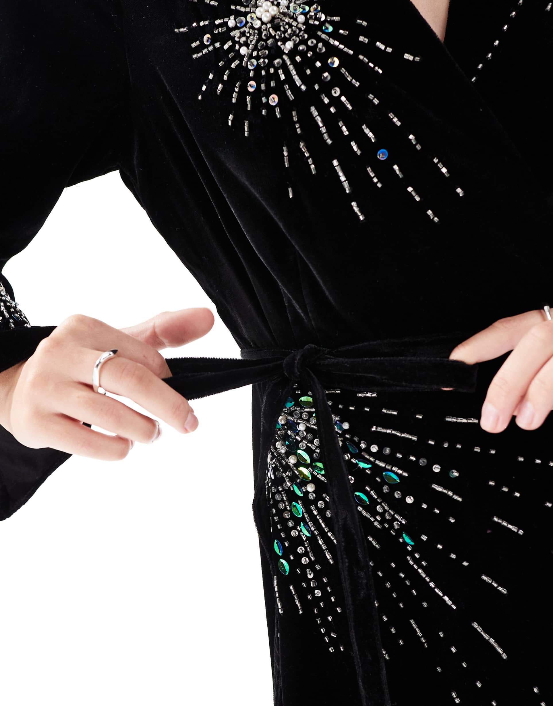 hope & ivy velvet wrap mini dress with fireworks embellishment in black