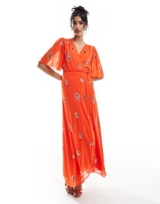 Hope & Ivy - Verziertes Maxi-Wickelkleid in Orange