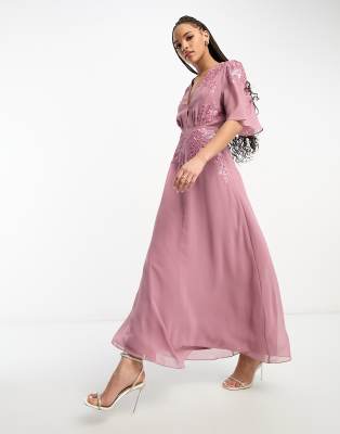 Hope & Ivy - Verziertes Maxikleid in Mauve mit tiefem Ausschnitt-Rosa