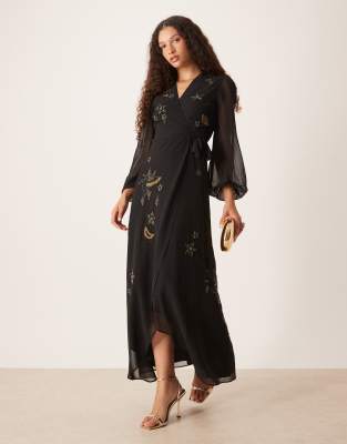 Hope & Ivy - Verziertes Maxikleid zum Wickeln in Schwarz und Gold