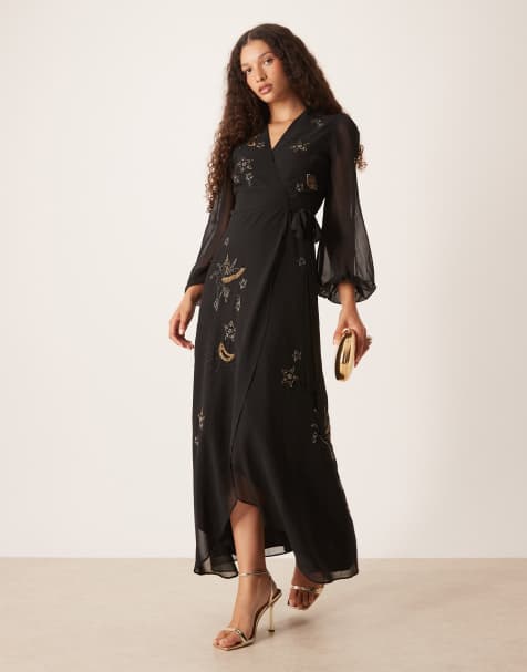 Hope & Ivy – Verziertes Maxikleid zum Wickeln in Schwarz und Gold - view 1