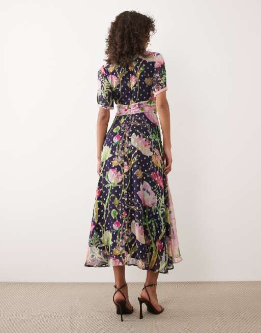 Hope & Ivy - Vestido de tarde midi con estampado floral variado y pecho cruzado, 3 de 4