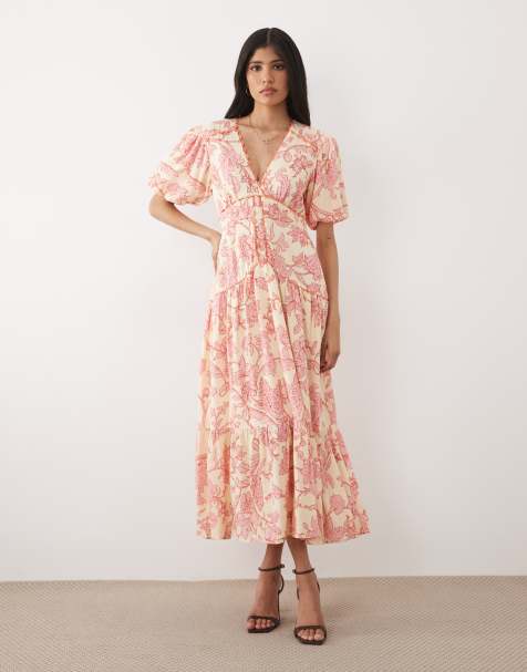 Hope & Ivy - Vestido midi rosa con estampado floral, cuello de pico y mangas abullonadas - view 1