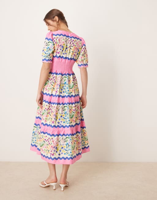 Hope & Ivy - Vestito grembiule midi multicolore con scollo a V e maniche a sbuffo, 3 di 4