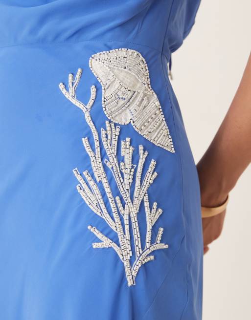 Hope & Ivy - Vestito lungo a canottiera blu con decorazioni e incrociato sul retro, 3 di 4