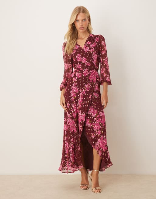 Hope & Ivy - Vestito lungo a portafoglio bordeaux e rosa a fiori, 2 di 4