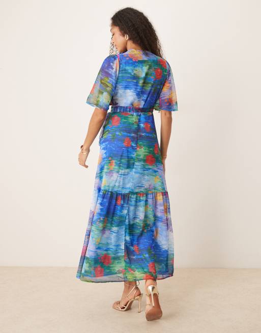 Hope & Ivy - Vestito lungo a portafoglio con maniche con volant blu a fiori, 3 di 4