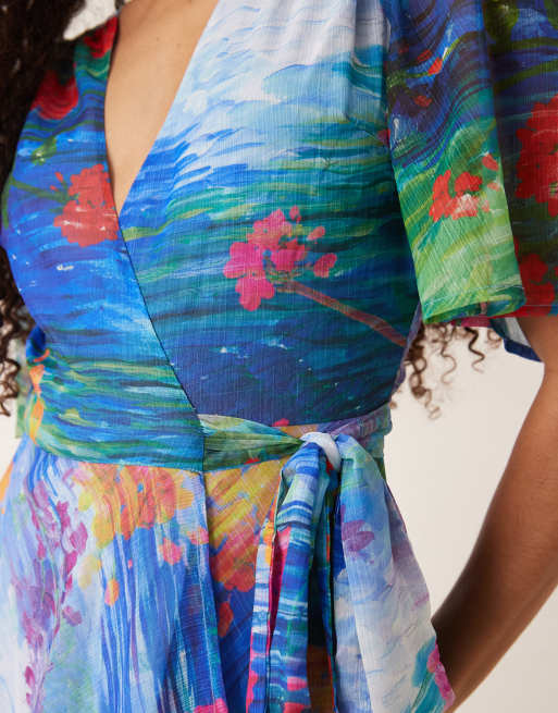 Hope & Ivy - Vestito lungo a portafoglio con maniche con volant blu a fiori, 4 di 4