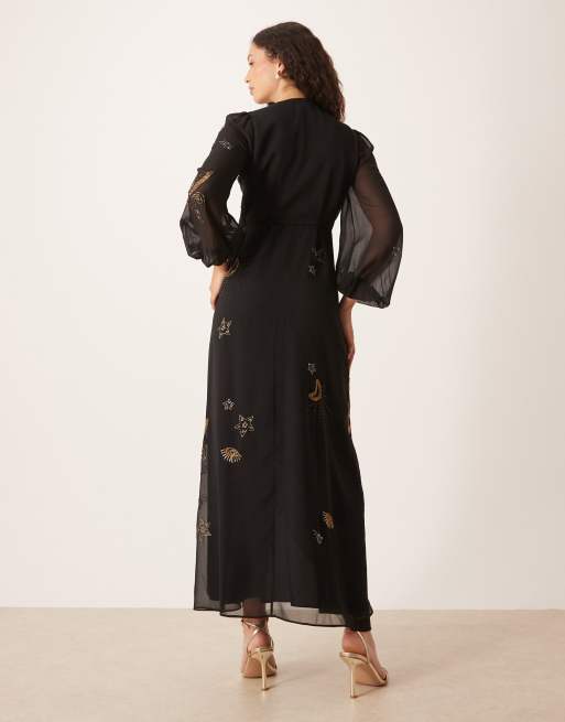 Hope & Ivy - Vestito lungo a portafoglio decorato nero e oro, 3 di 4