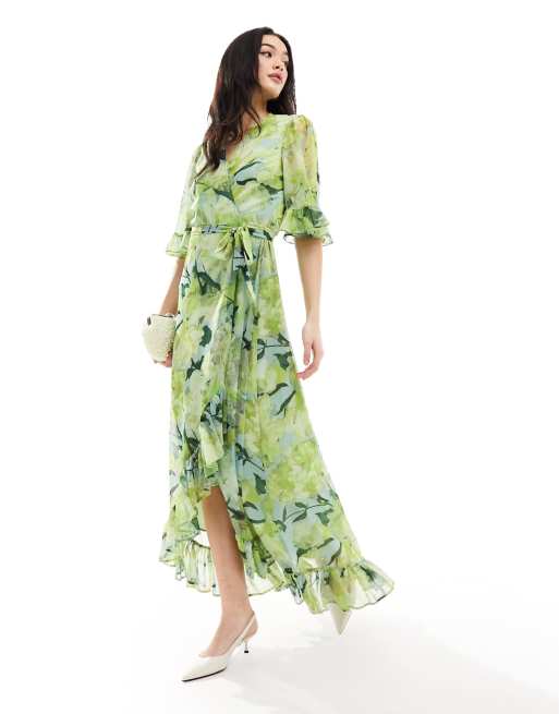Hope & Ivy - Vestito lungo a portafoglio verde a fiori con volant