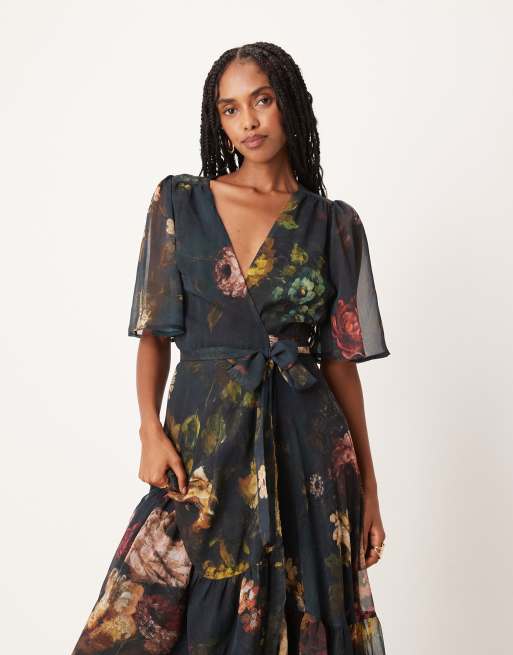 Hope & Ivy - Vestito lungo a portafoglio verde scuro a fiori, 3 di 4