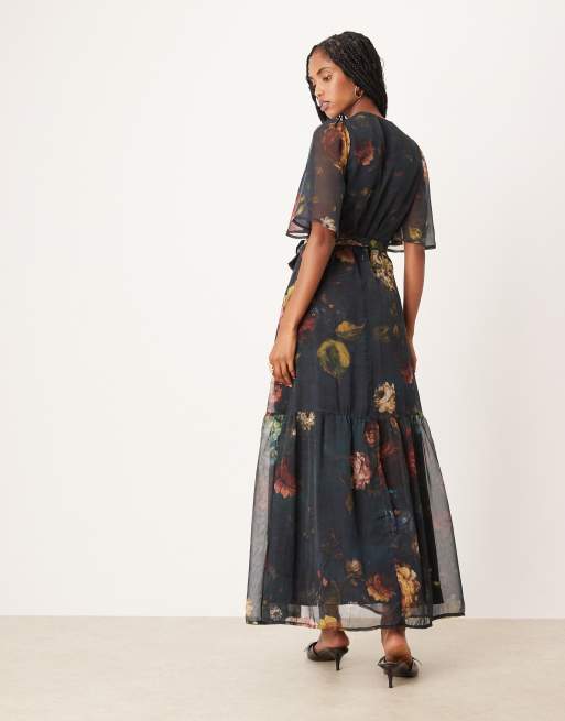 Hope & Ivy - Vestito lungo a portafoglio verde scuro a fiori, 4 di 4
