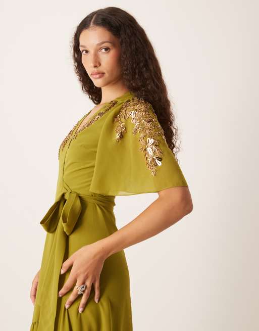 Hope & Ivy - Vestito lungo avvolgente color oliva decorato, 2 di 4