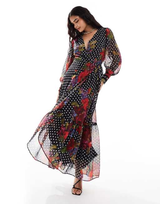 Hope & Ivy - Vestito lungo avvolgente con maniche a campana con polsini con laccetti a fiori rosso scuro