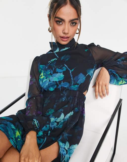 Hope & Ivy - Vestito lungo blu a fiori con cut-out e spacco sulla coscia, 3 di 4