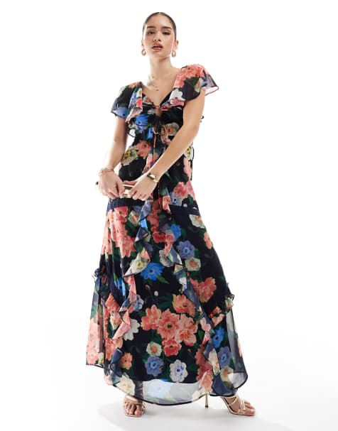 Hope & Ivy - Vestito lungo blu navy a fiori con finiture in pizzo e apertura a goccia - view 1