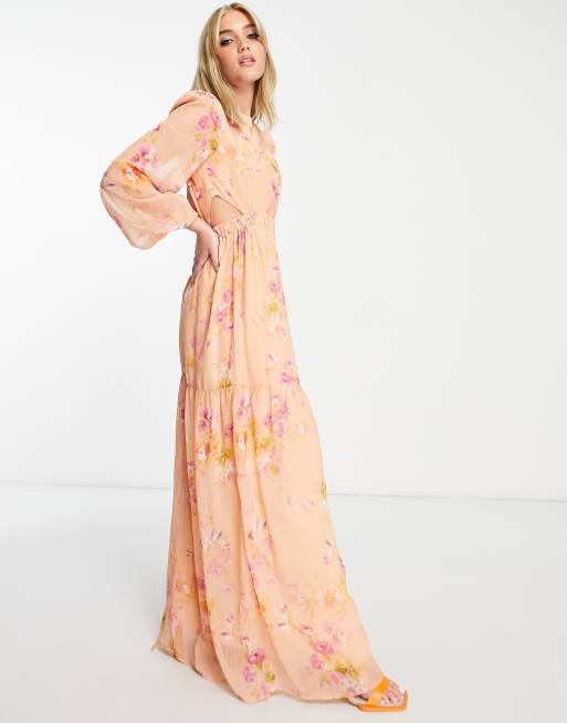 Hope & Ivy - Vestito lungo con cut-out e maniche a palloncino color pesca e ocra a fiori