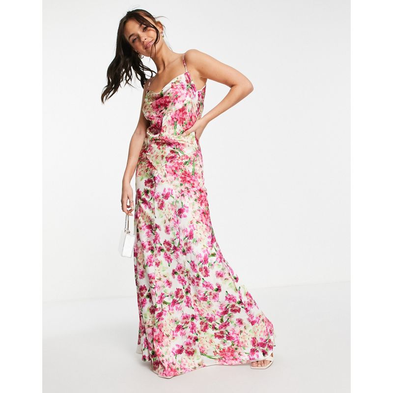 Hope & Ivy - Vestito lungo con scollo ad anello e stampa mista rosa a fiori