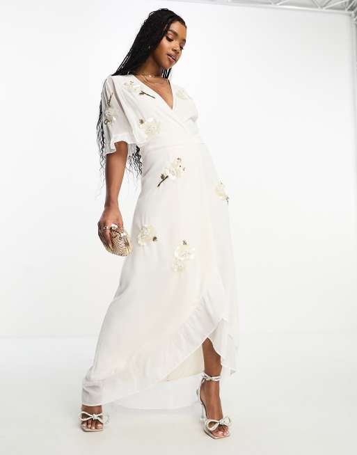 Hope & Ivy - Vestito lungo da sposa avvolgente color avorio con decorazioni
