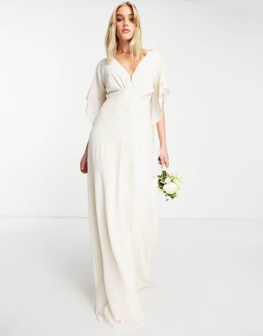 Hope & Ivy - Vestito lungo da sposa color avorio con schiena scoperta e maniche a mantella
