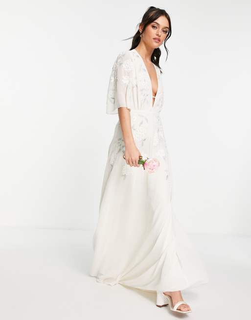 Hope & Ivy - Vestito lungo da sposa ricamato color avorio con scollo profondo