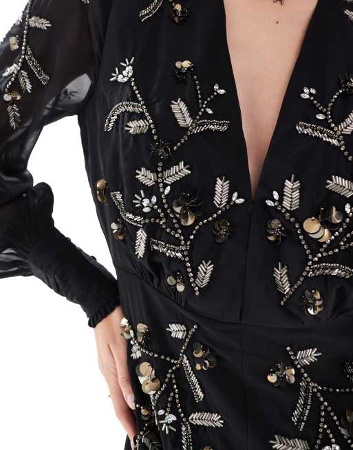 Hope & Ivy - Vestito lungo nero decorato con maniche lunghe , 4 di 4