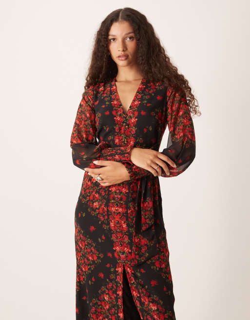 Hope & Ivy - Vestito lungo nero e rosso a fiori con scollo a V e bottoni sul davanti, 2 di 4