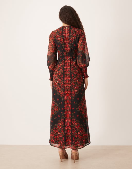 Hope & Ivy - Vestito lungo nero e rosso a fiori con scollo a V e bottoni sul davanti, 3 di 4