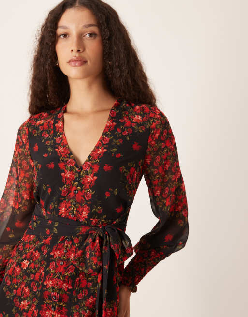 Hope & Ivy - Vestito lungo nero e rosso a fiori con scollo a V e bottoni sul davanti, 4 di 4