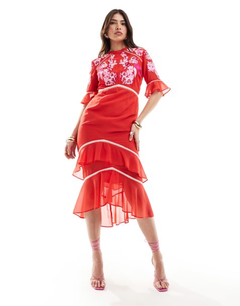 Hope & Ivy - Vestito midi a balze rosso e bianco con ricamo e peplo - view 1