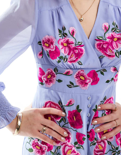Hope & Ivy - Vestito midi a maniche lunghe lilla con bottoni sul davanti e ricami, 2 di 4