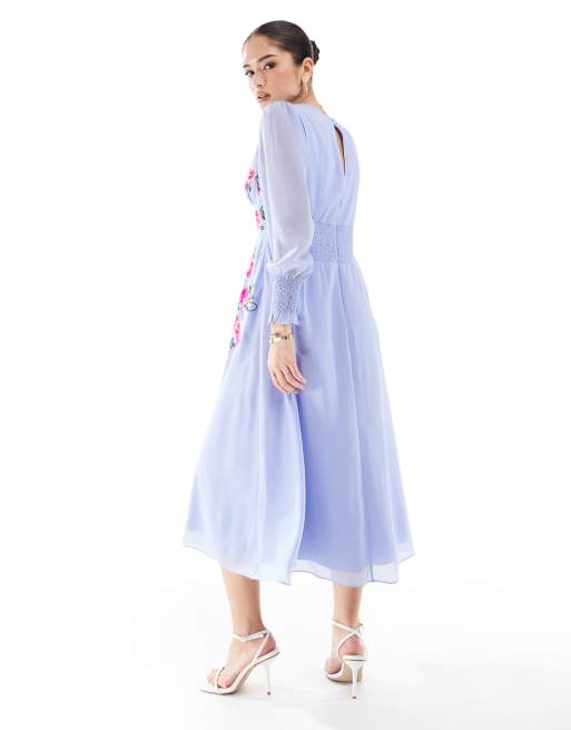 Hope & Ivy - Vestito midi a maniche lunghe lilla con bottoni sul davanti e ricami, 3 di 4
