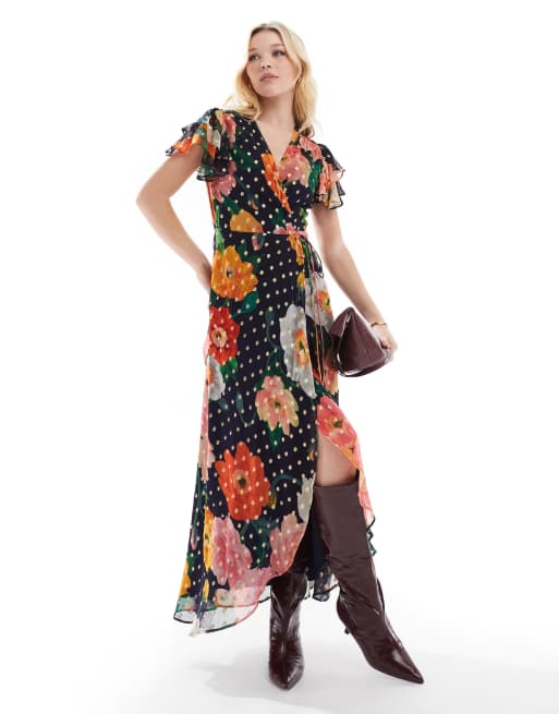 Hope & Ivy - Vestito midi a portafoglio allacciato in vita color blu navy con stampa e maniche con volant