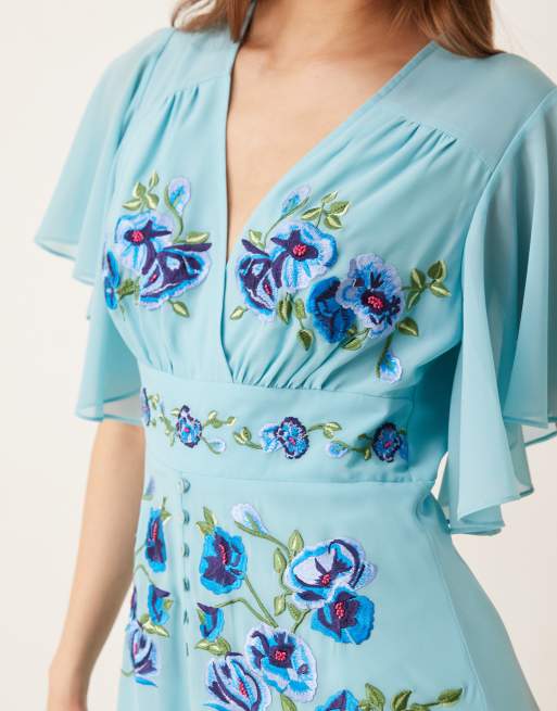 Hope & Ivy - Vestito midi a portafoglio blu con ricami e maniche con volant, 4 di 4