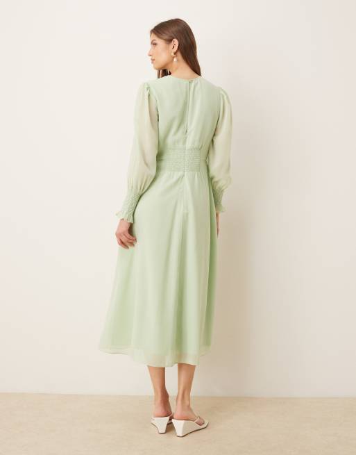 Hope & Ivy - Vestito midi a portafoglio verde menta con maniche trasparenti e ricami, 3 di 4