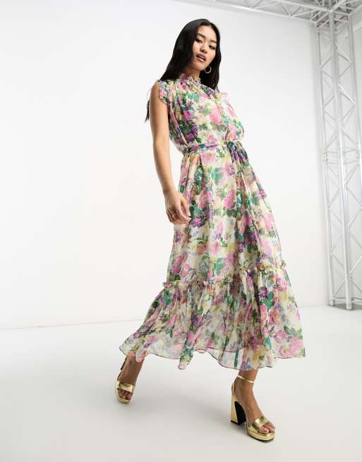 Hope & Ivy - Vestito midi allacciato in vita color crema a fiori con volant sulle maniche