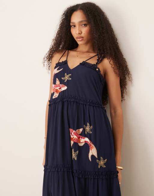 Hope & Ivy - Vestito midi blu navy a balze con spalline allacciate e decorazioni con carpa koi, 4 di 4
