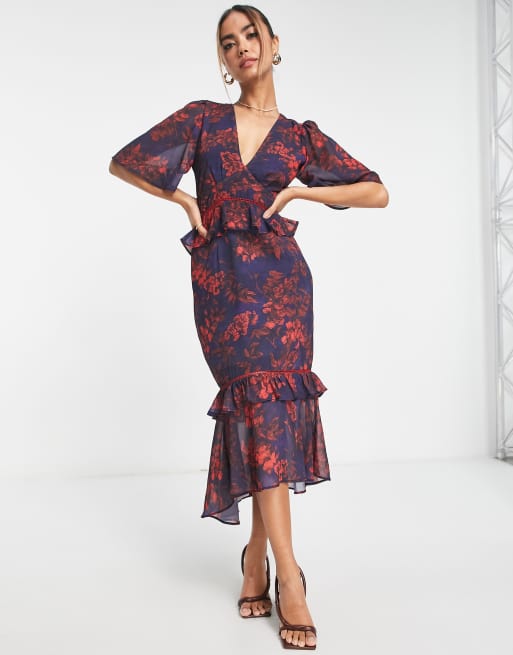 Hope & Ivy - Vestito midi blu navy con stampa floreale rossa e volant