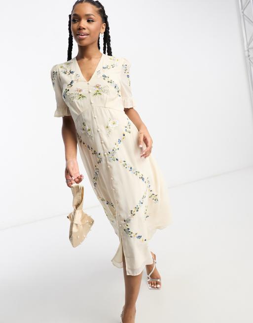 Hope & Ivy - Vestito midi color crema con ricami a fiori e bottoni frontali