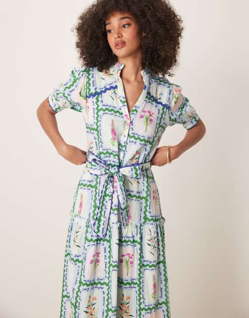 Hope & Ivy - Vestito midi con bottoni sul davanti, gonna a balze e allacciatura in vita multicolore