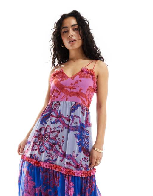 Hope & Ivy - Vestito midi con spalline sottili allacciate a punto smock e stampa floreale color block