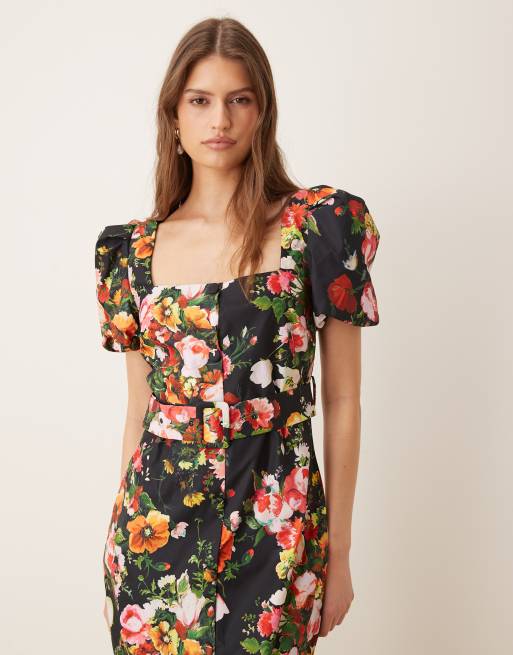Hope & Ivy - Vestito midi elasticizzato nero a fiori con scollo squadrato e cintura, 2 di 4
