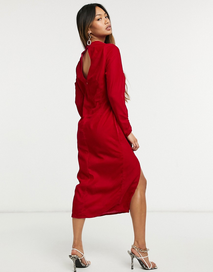 Vestito midi in velluto arricciato con spacco sulla coscia, colore rosso-Rosa - Hope&Ivy  donna Rosa - immagine2
