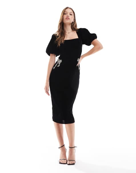 Hope & Ivy - Vestito midi in velluto nero con fiocchi ricamati e scollo squadrato - view 1