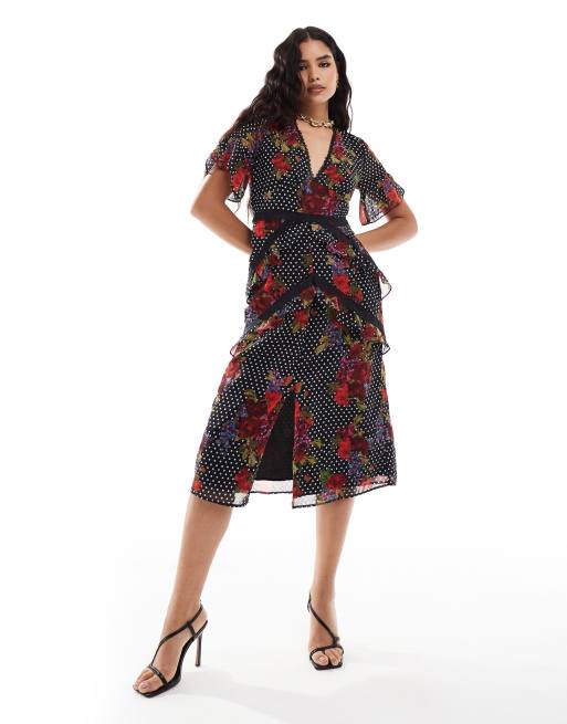 Hope & Ivy - Vestito midi rosso scuro a fiori con finiture in pizzo e volant sul fondo